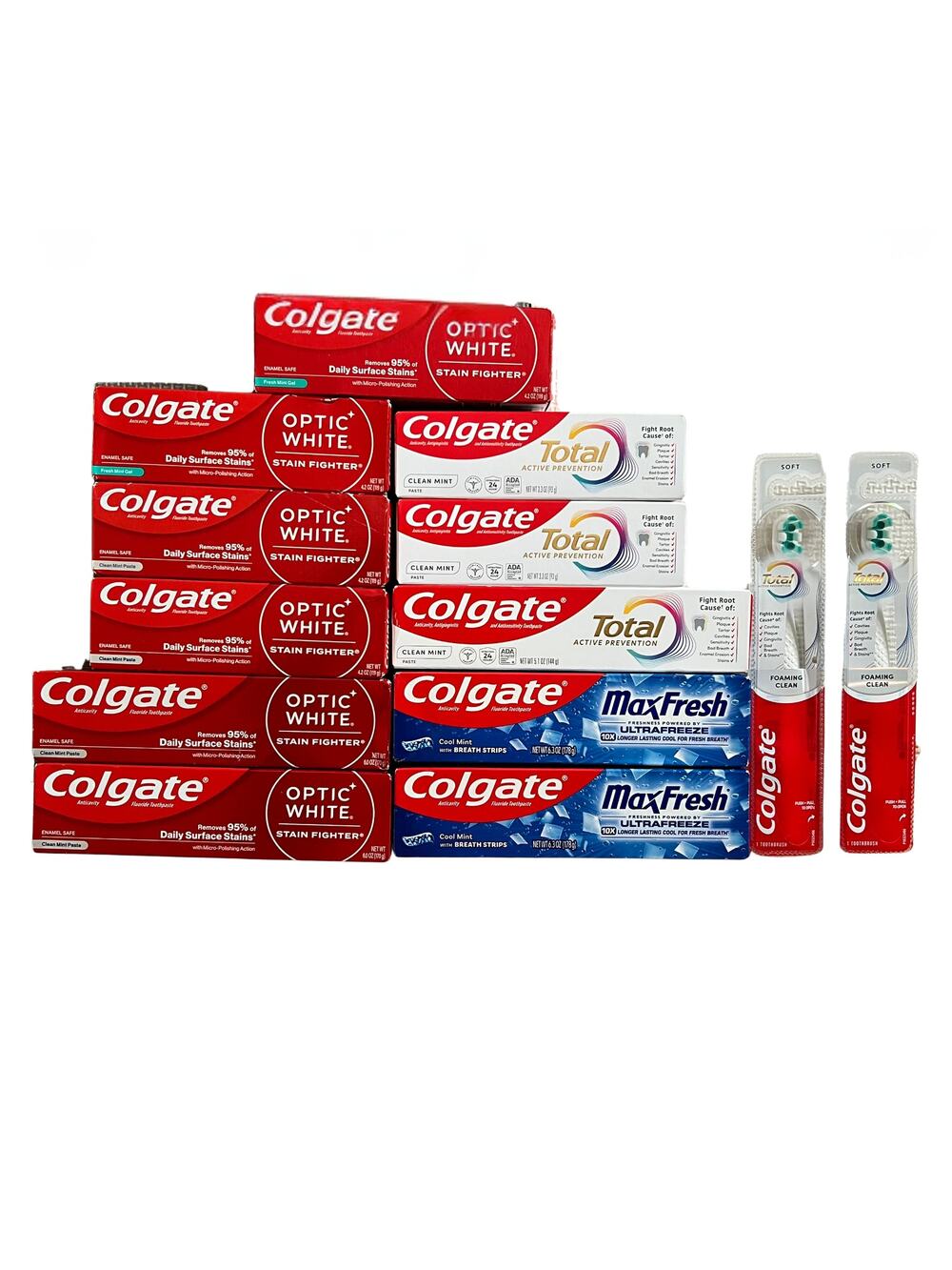 Lot 13 Colgate Total/Optic White/Max Fresh Toothpaste/Toothbrushes
